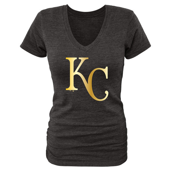 2020 MLB Kansas City Royals Women Gold Collection TriBlend VNeck TShirt  Black